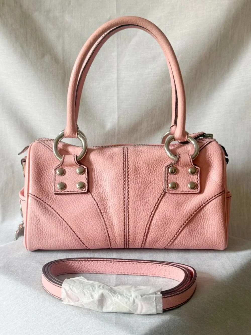 Isabella Fiore Pink Leather Satchel Y2K Chunky Chain Charm Bag 2000s Coquette